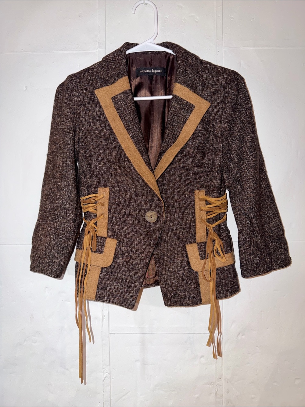 Nanette Lepore Wool Brown Tweed Blazer with Tan Trim